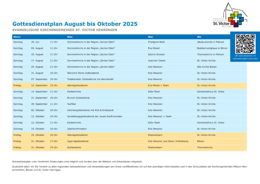 Gottesdienstplan August bis Oktober 2025