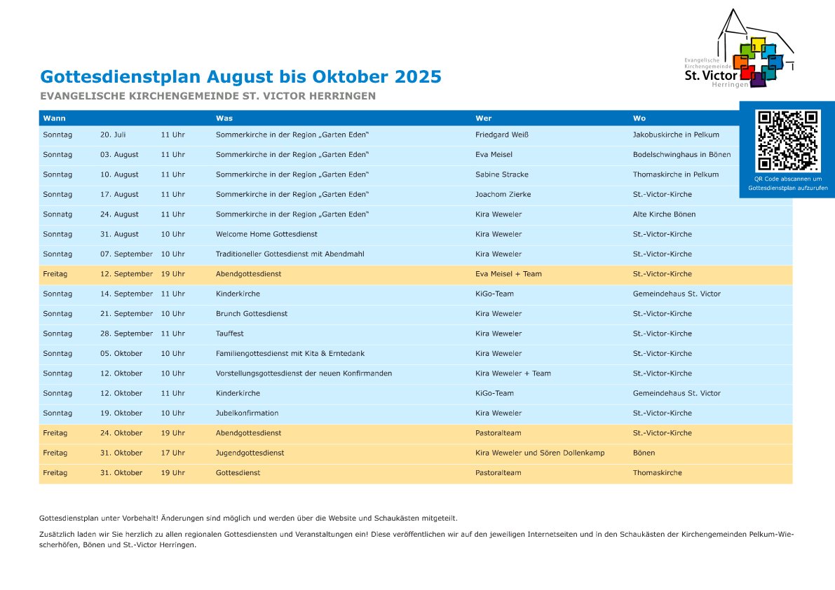 Gottesdienstplan August bis Oktober 2025